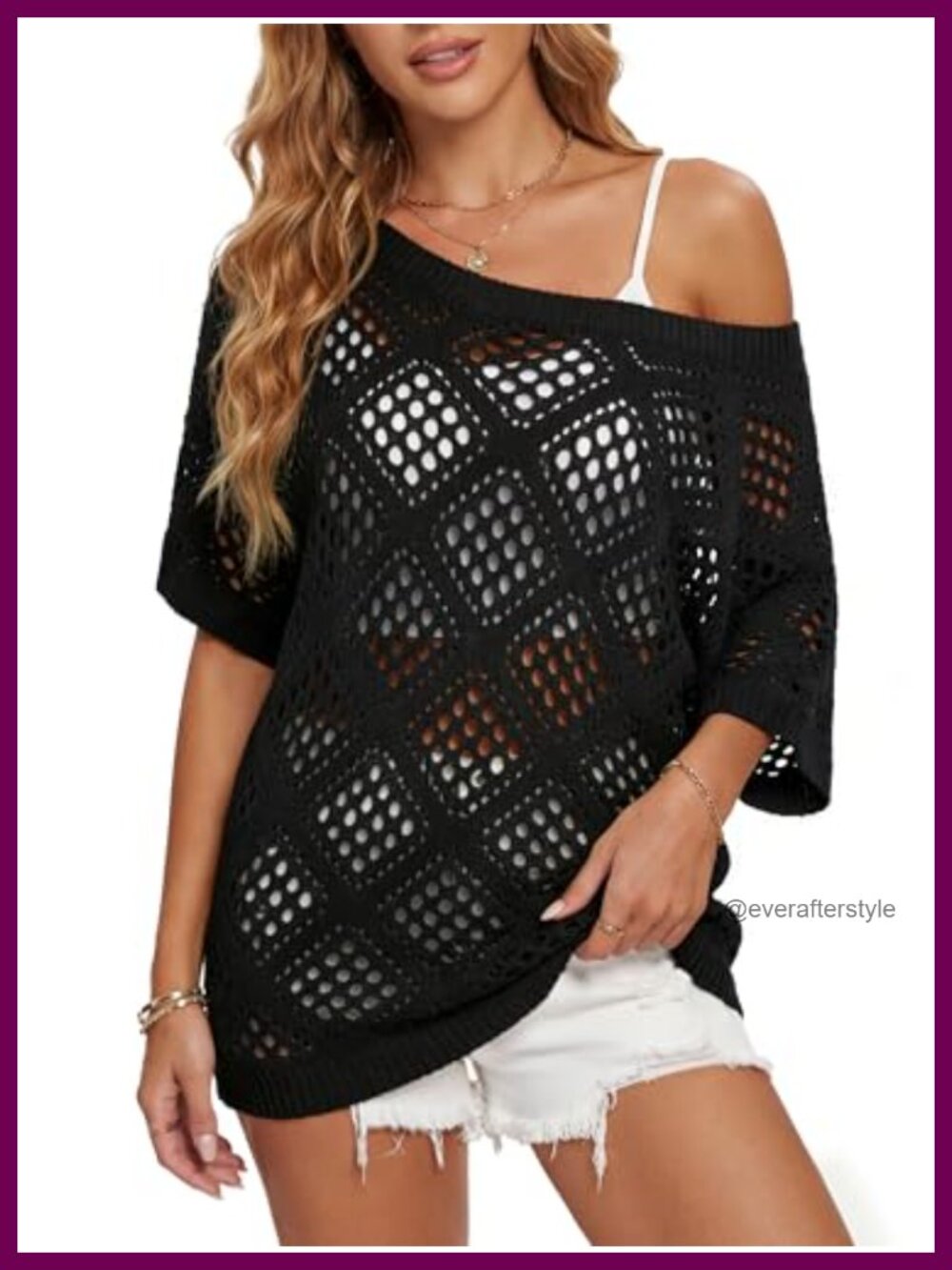 Off Shoulder Crochet Cover Up Top Short Sleeve Oversized Beach